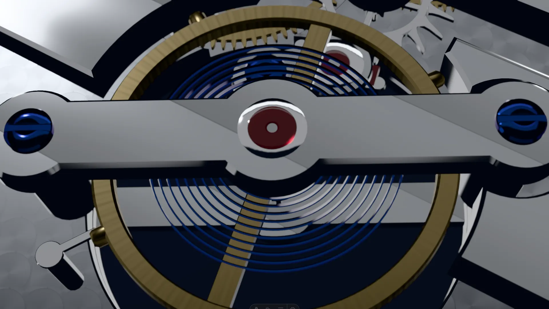 The free-sprung balance and its blued hairspring, close up