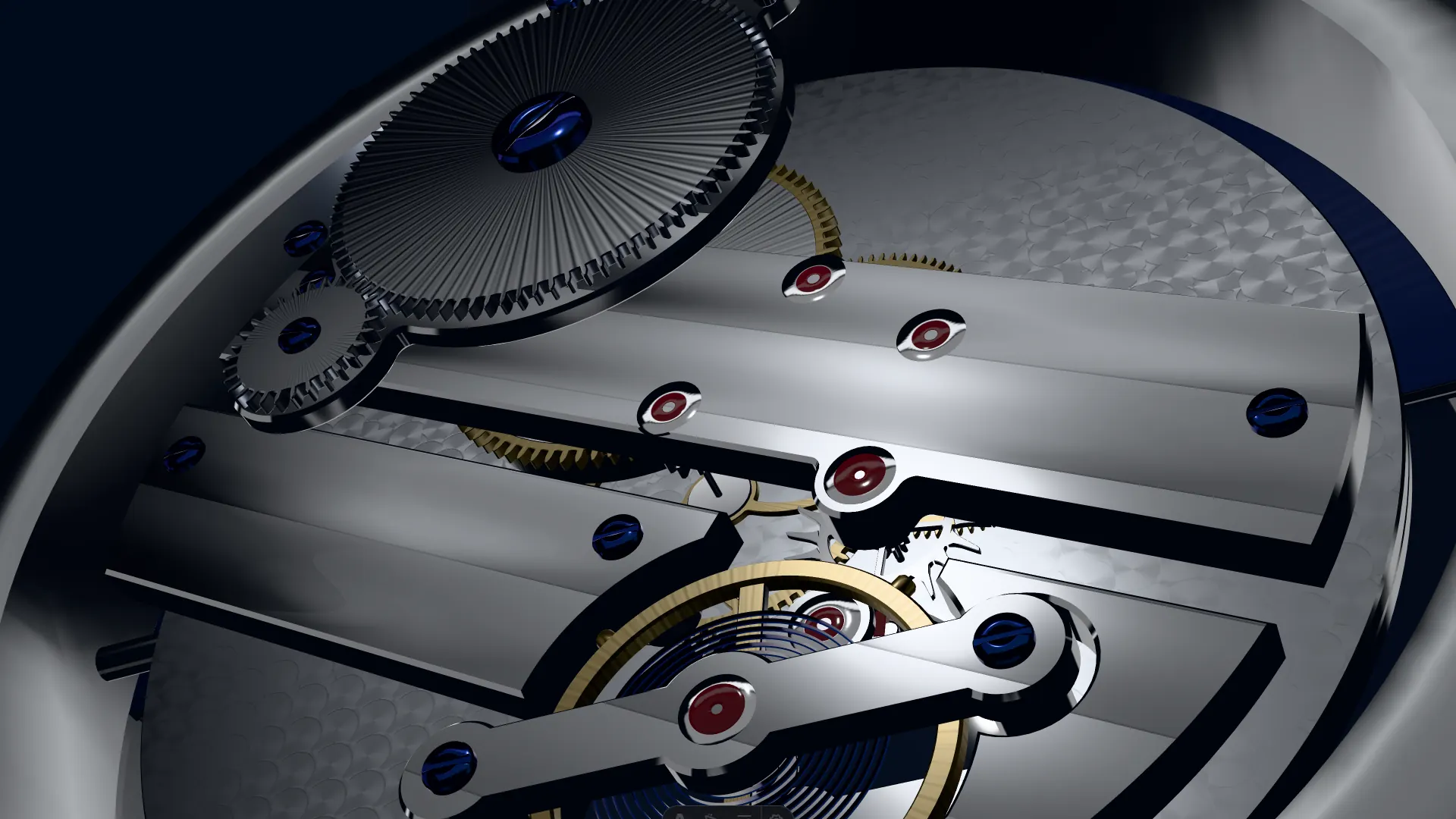 Côtes de Genève on the bridges, perlage on the mainplate and flame-blued screws under a raking light
