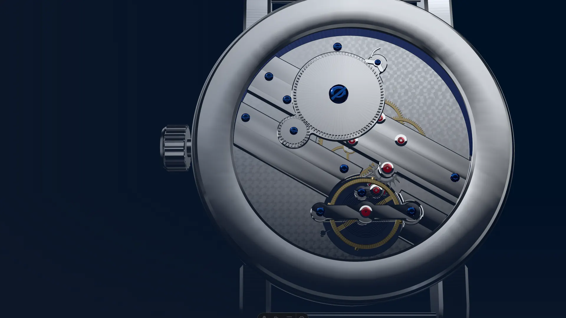 The Ossel Battement movement seen through its domed sapphire caseback