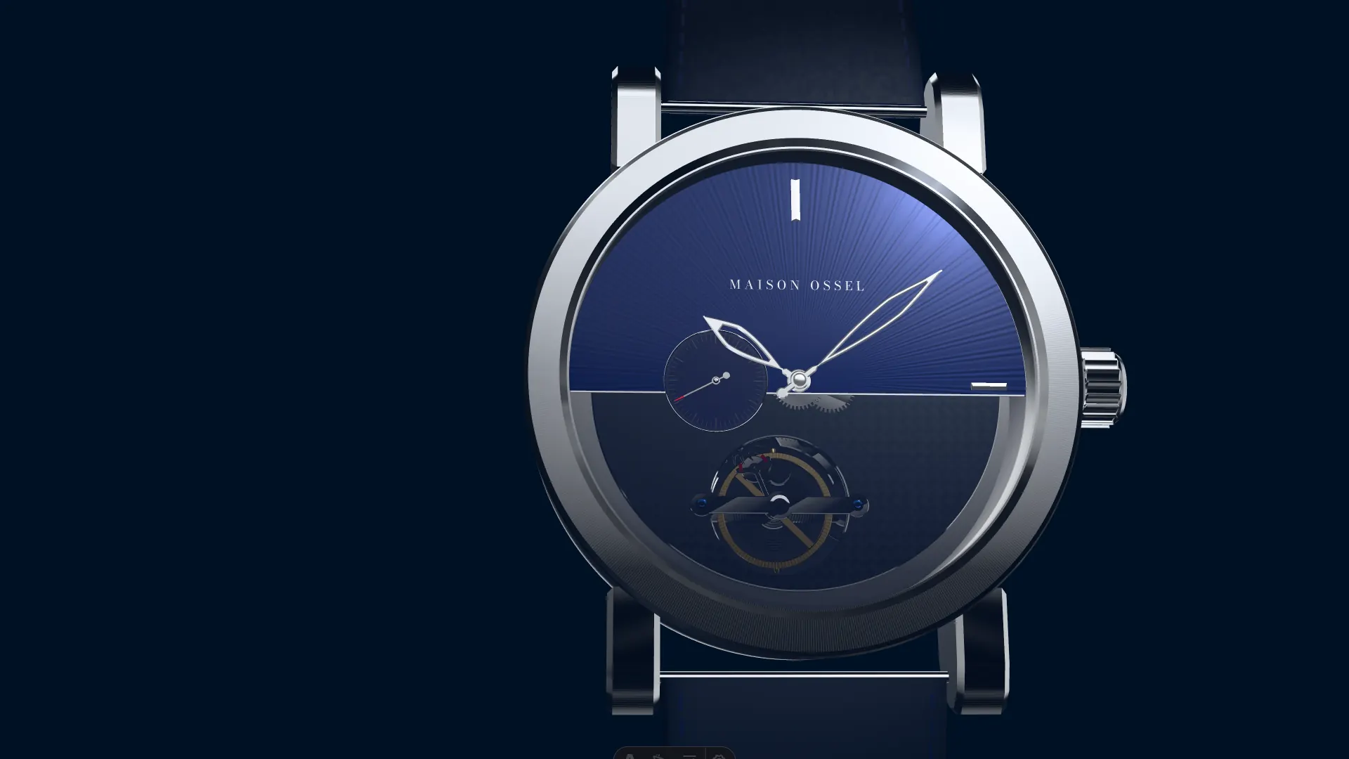 Ossel Battement OS-01, front three-quarter view: split navy and smoked-sapphire dial, polished titanium case