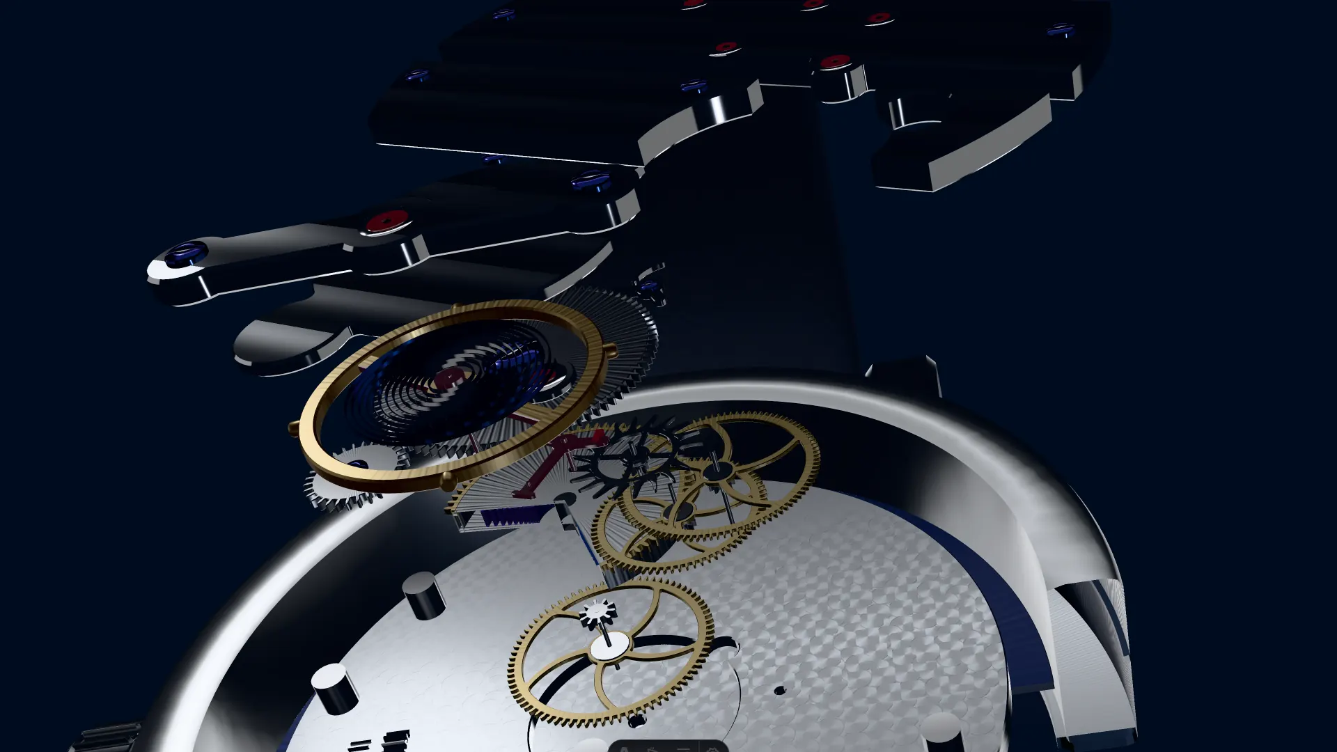 The calibre taken apart along its arbors in the order the energy travels